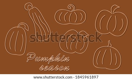 Set of simple linear hand drawn doodle icons with autumn pumpkins. Objects, elements, cliparts, stickers for Thanksgiving and Halloween. Cute pumpkin for decorating a gift card, printing on clothes