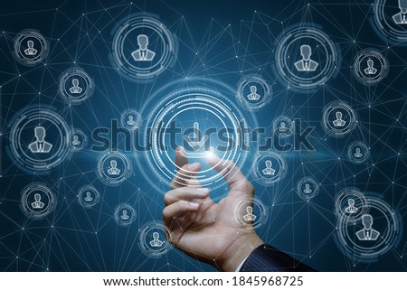 The hand shows the download icon on the background of users network connections.