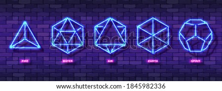 Set of Mystic Esoteric Neon Colorful Symbols. Five Minimal Ideal Platonic Solids. Sacred Geometry Sign Template Design. Night Glow Icons for Bright Advertising Backgrounds. Vector Illustration EPS 10 Royalty-Free Stock Photo #1845982336