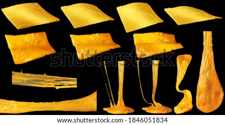 Set of slices of cheddar cheese isolated. Hot stretching cheese. Royalty-Free Stock Photo #1846051834