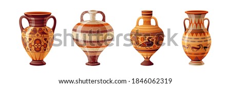 Ancient Greek vase set. Pottery vector. Antique jug from Greece. Old clay amphora, pot, urn or jar for wine and olive oil. vintage ceramic icon isolated. Flat cartoon art with ornament decoration Royalty-Free Stock Photo #1846062319