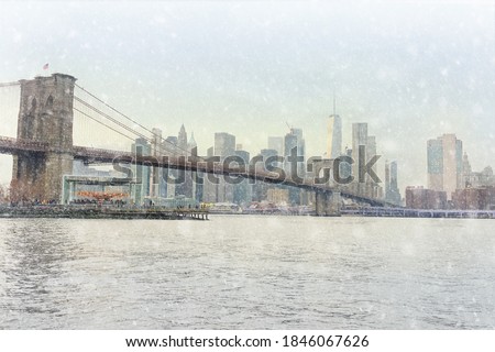 Stunning views of a famous suspended Brooklyn Bridge and Manhattan skyscrapers in New York from the riverside of the East River at a winter sunset. Christmas Eve in NY. Sightseeing of NYC.