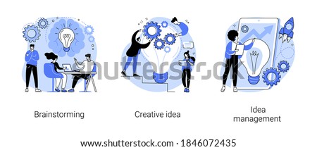 Creative thinking abstract concept vector illustration set. Team brainstorming, idea management, project management, startup collaboration, find solution, product development stage abstract metaphor. Royalty-Free Stock Photo #1846072435