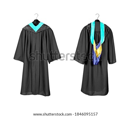 A front and rear view of a graduation gown with purple and blue hood indicating graduation with distinction and honors Royalty-Free Stock Photo #1846095157