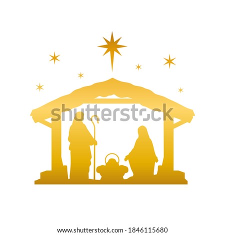 Nativity Scene Silhouette. Holiday Holly Night. Christmas Cut File Scrapbook. Decorative Card. Clip Art Vector.