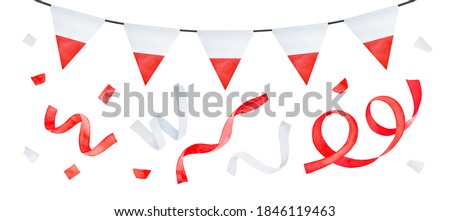 Watercolor set of bright red and white garland with triangular flag and many flying confetti. Hand painted watercolour graphic illustration, cut out clipart element for design, banner, greeting card.
