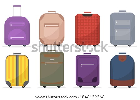 Baggage suitcase set. Plastic, metal suitcases, backpacks, luggage bags. Cartoon color bags sign icon case for travel, vacation, tourism. Vector illustration