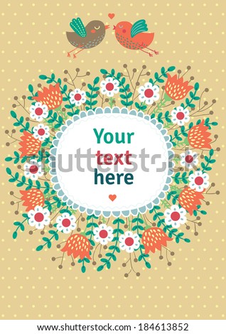 Background with leafs, flowers, birds and place for text. Cute cartoon style. Vector template. Vintage style.