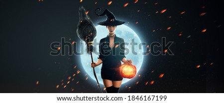 Creative halloween flyer. Girl witch with a broom in her hands and a witch hat. Halloween concept, poster, copy space, Mixed media