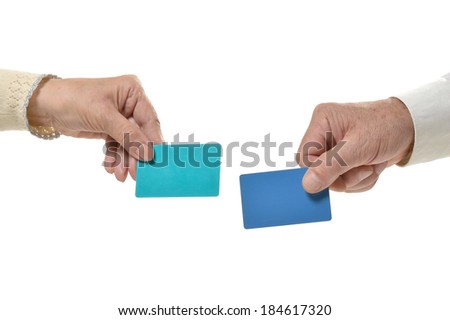 Two Hands with blank cards isolated on white background