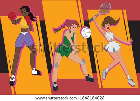Women doing different sports. Tennis, volleyball and boxing