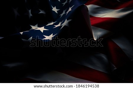 Close-up american flag, USA flag background with copy space. Top view, Dark tone