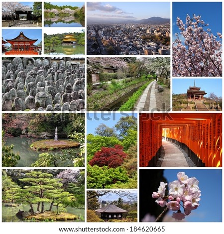 Photo collage from Kyoto. Collage includes best views like Fushimi Inari, Buddhist temples, cherry blossom and zen gardens.
