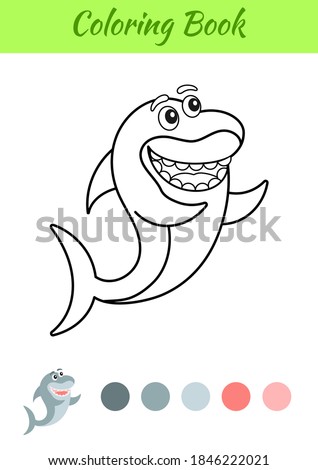 Coloring page happy shark. Coloring book for kids. Educational activity for preschool years kids and toddlers with cute animal. Flat cartoon colorful vector illustration.