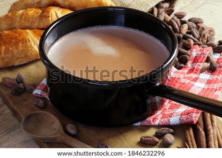pan of hot milk chocolate on a wooden table