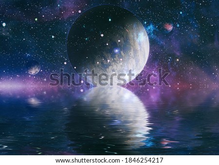 space planet in space reflected in water. galaxy stars night sky ,Elements of this Image Furnished by NASA ,