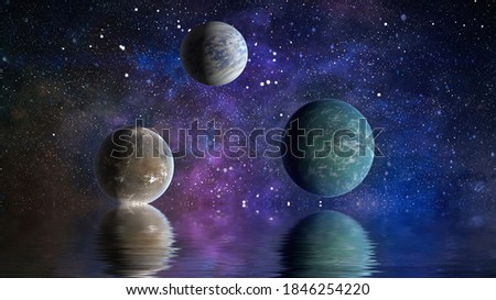 space planet in space reflected in water. galaxy stars night sky ,Elements of this Image Furnished by NASA ,