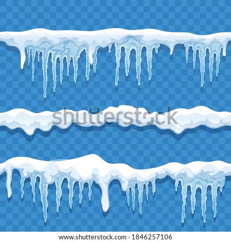 Snow ice cap seamless border set on transparent background with lines of snow and hanging icicles vector illustration Royalty-Free Stock Photo #1846257106