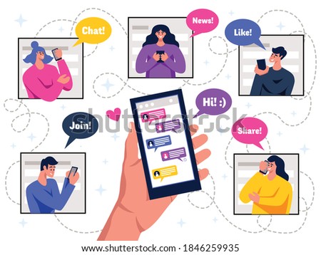 Social Network Members Hands Holding Mobile Live Chat Messaging Flat Colorful Schema With Speech Bubbles Vector Illustration Wall Decor Galore Canvas And Paper Wall Art Prints