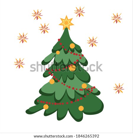Christmas tree decorated star, lights, fireworks, decorative balls and lamps. Merry Christmas and Happy New Year. Flat style vector illustration.