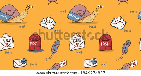 seamless background with snail mail, letters, pen, envelope  with stamp - cartoon style illustration