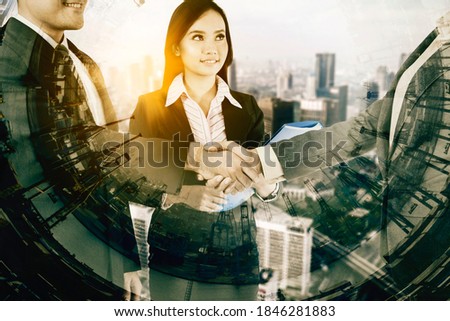 Three business people shaking hands to sign agreement with double exposure of industrial port background