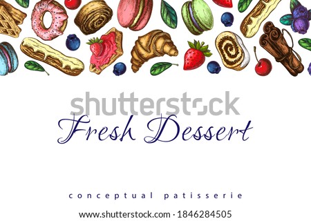 Bakery horizontal banner, border or frame with desserts, berries, eclair, croissant, donut, macaroons. vector pastry illustration on white. pastry background template for design. vintage food drawing