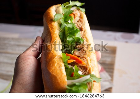 A view of a hand holding a banh mi sandwich.