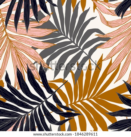 Tropics Nature seamless pattern. Hand drawn abstract tropical summer background : palm tree leaves in silhouette, line art. Vector art illustration in golden retro colors Royalty-Free Stock Photo #1846289611