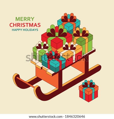 Christmas background with cute isometric Santa sled with gifts. Xmas greeting card or banner concept. Vector illustration.