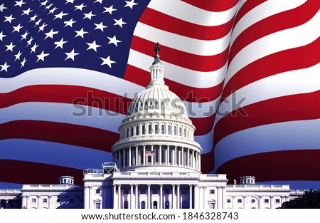 the US Capitol in Washington with the American flag waving in the background. Patriotism and democracy. American presidential election. Royalty-Free Stock Photo #1846328743