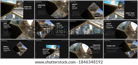 Presentation design vector templates, multipurpose template for presentation slide, flyer, brochure cover design. Abstract black and golden project with clipping mask, geometric shapes for your photo.