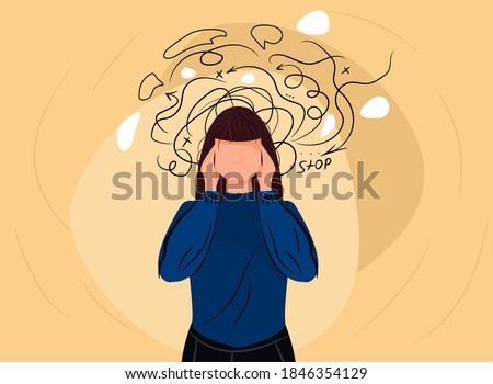 Woman headache or anxiety attack crisis. Frustrated woman with nervous problem feel anxiety confusion of thoughts vector. Depressed woman deep in thought. Anxiety touch head. Mental disorder and chaos Royalty-Free Stock Photo #1846354129