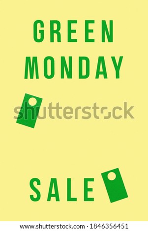 Green monday sale background on yellow. Card or flyer for Shopping sale with text and paper tags. Winter Christmas offer concept.  
