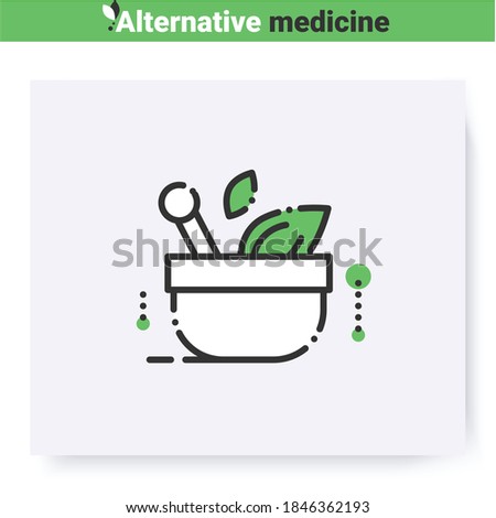 Naturopathic medicine line icon.Mixture of herbs in mortar.Natural, herbal treatment.Healthcare and wellness.Complementary and alternative medicine types.Isolated vector illustration.Editable stroke  Royalty-Free Stock Photo #1846362193