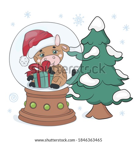 CHRISTMAS TREE BULL Merry Christmas New Year Animal Winter Cartoon Holiday Clip Art Vector Illustration Set For Print