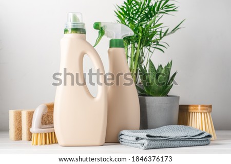 Eco-friendly bottled cleaning products. Reusable brushes and home green plants. Green life concept Royalty-Free Stock Photo #1846376173