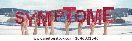 People Hands Holding Word Symptome Means Symptom, Snowy Winter Background