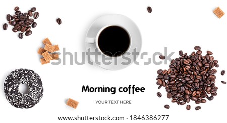 Coffee and sweets on a white background. Long header banner format. Panorama website header banner. High quality photo