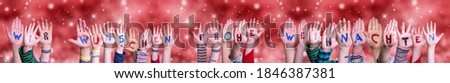 Children Hands, Wuenschen Frohe Weihnachten Mean Merry Christmas, Red Background