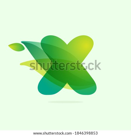 Ecology X letter logo with green leaves. Vector watercolor typeface for agriculture labels, botanical headlines, herbal posters, foliage identity etc.