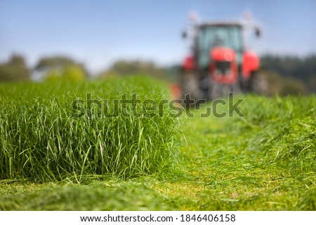 An out of focus red mowing tractor charging forward while cutting the grass for silage in stripe pattern Royalty-Free Stock Photo #1846406158
