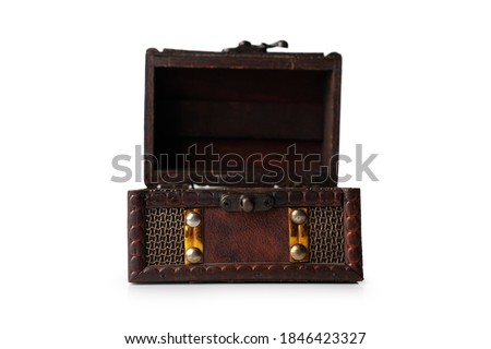 Small wooden retro chest casket isolated on white background.