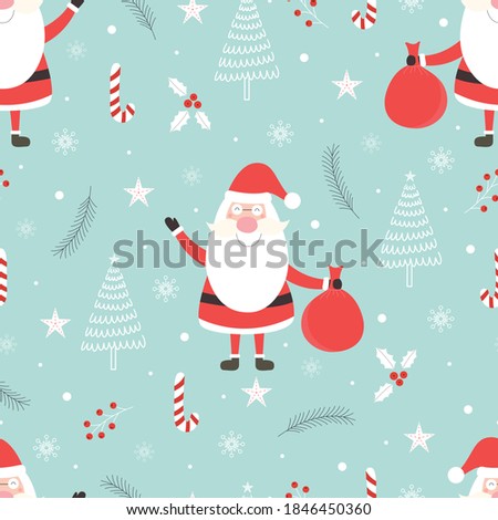 Seamless pattern Christmas background has santa claus with gifts and Christmas tree Hand drawn design in cartoon style, use for print, celebration wallpaper, fabric, textile. Vector illustration