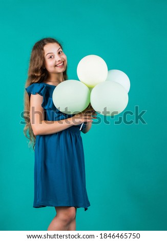happy birthday party. small girl with party balloon. prepare for holiday. ready to celebrate. concept of dreaming. childhood happiness. kid fashion beauty. imagination and inspiration.