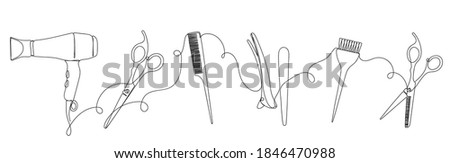 Hairdresser details in linear style on white. Royalty-Free Stock Photo #1846470988