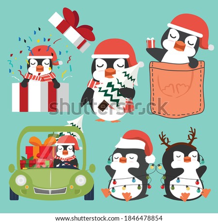 Cute penguins cartoon Christmas set 