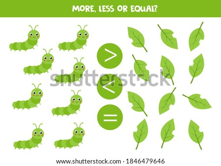 More, less or equal with cute caterpillar and leaves. Educational math game for kids.
