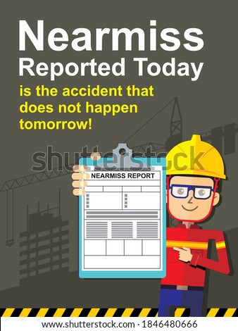 Safety poster design of reported near miss accident. Graphic illustration. Royalty-Free Stock Photo #1846480666