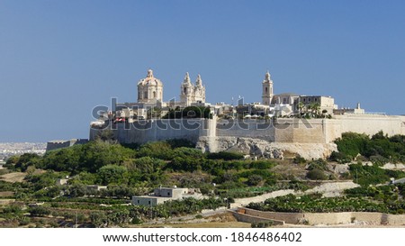 Panoramic view of the citadel of Mdina and the Cathedral of Saint Paul. Mdina. Malta.